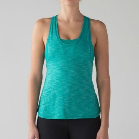 Lululemon Glide and Stride Tank Heathered Viridian Green Layered Bra Shirt Sz 8 - Picture 1 of 8